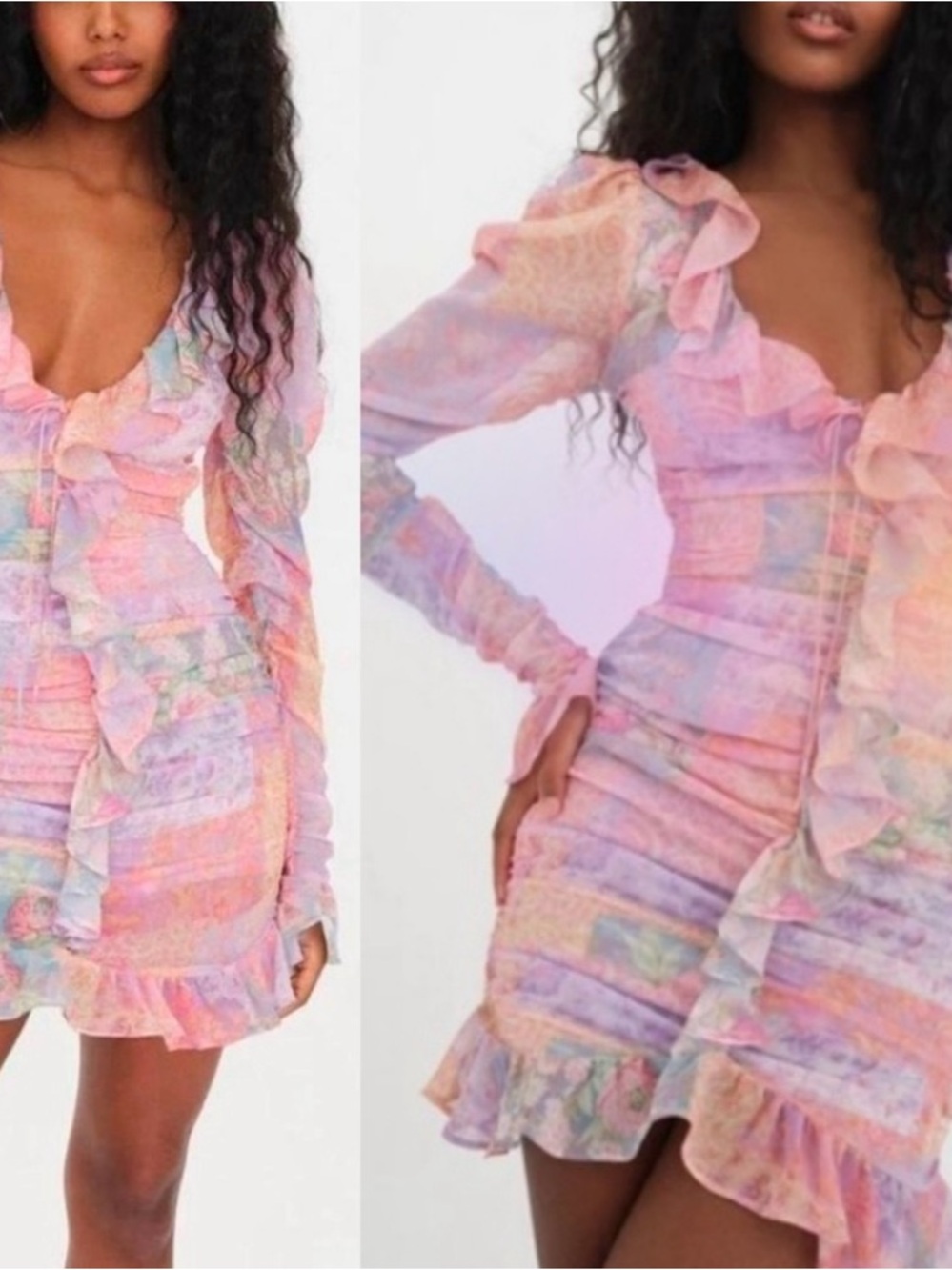 For Love and Lemons Veronica V-Neck Ruffle Pastel Mini Dress